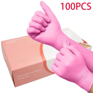 Albums 100 pièces gants en nitrile rose jetables sans latex imperméables antistatiques durables gants de travail polyvalents outils de cuisine