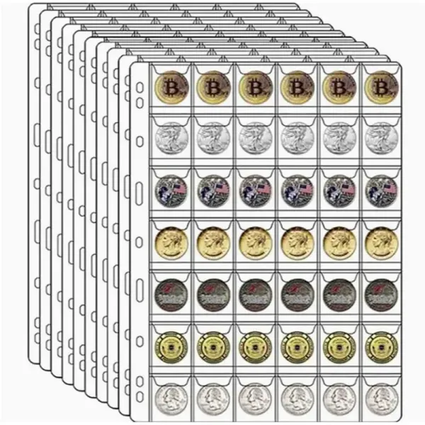 Albums 10pcs 42 Poches Coin Holder Sheet Clear Storage Collection Album Readder Livre Medallion Coin Stamp Coins Token Medallion Badge