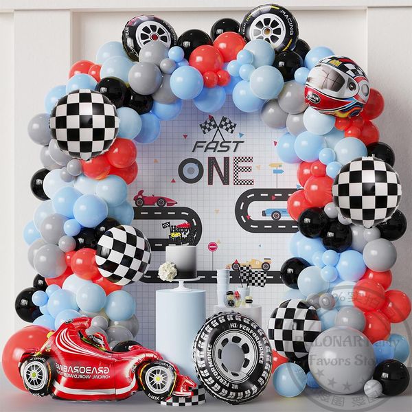 Albums 1 ensemble de ballons sur le thème de la voiture de course, guirlande en arc, Kit de casque de pneu, Globos en aluminium, décoration de fête de 1er anniversaire pour enfants, cadeaux de fête prénatale pour garçons