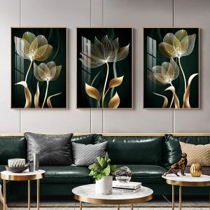 Albums Peinture d'art mural abstrait Fleurs vertes dorées Feuille Décoration moderne pour la maison Toile Affiches et impressions Photo murale pour salon