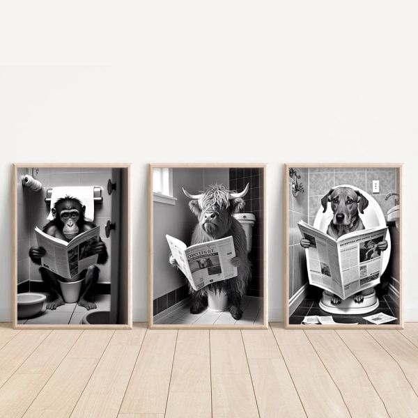 Álbumes de animales sentados en el inodoro leyendo un periódico, impresiones divertidas, decoración de pared para baño, imágenes, mono, perro, vaca, Wc, póster de pared