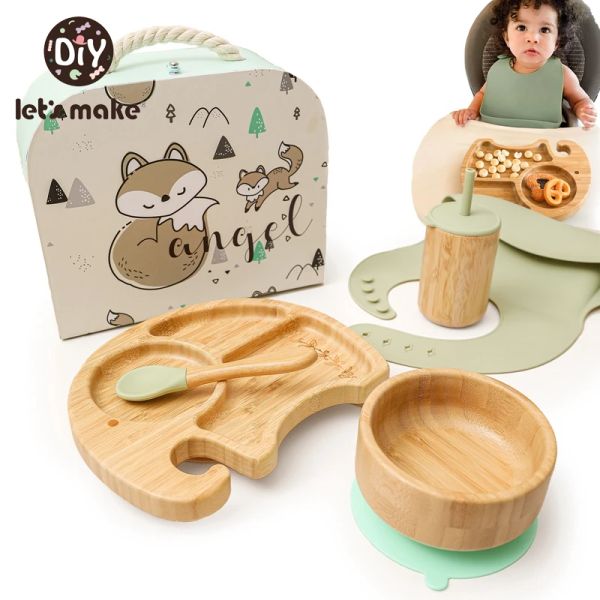 Albums Let's Make Baby Stuff Set Vaisselle Assiette à dîner en bois d'éléphant Bavoir en silicone avec ventouse Tasse en paille en bois de bambou sans BPA