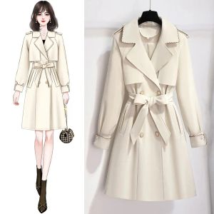 Albums Trench Coat for Women Double Breasted Belt Slim Fit Long 2023 Nouveau manteau de printemps Corean Belt Windbreaker Black Khaki Outwear Femme