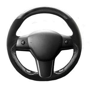 Cubierta de envoltura de puntada de volante de cuero de fibra de carbono Alcantara para Tesla Model3184v