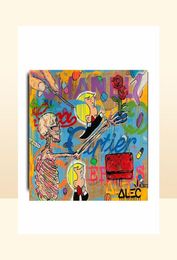 Alec Monopoly Graffiti handwerk olieverfschilderij op canvasquotSkeletten en bloemenquot home decor kunst aan de muur schilderij2432inch n9018515