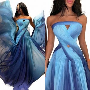 Aleeshuo Sexy A-Line LG Chiff Blue Evening Dres Pleat Strapl Beach Mouwtel Prom Dr Backllow Party Jurk M2ub#