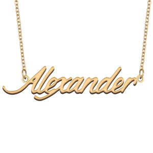Collier avec pendentif avec nom Alexander pour femmes et filles, cadeau d'anniversaire, plaque nominative personnalisée pour enfants, meilleurs amis, bijoux en acier inoxydable plaqué or 18 carats