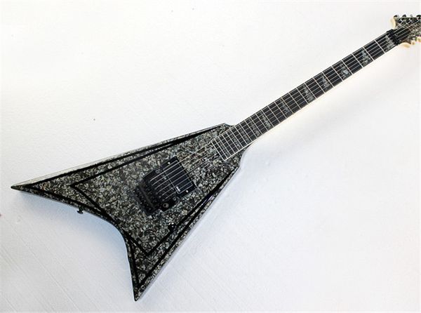 ALEXI Guitare électrique en forme de V en forme de V spécial, placage de plaque de protection en perles bleues et noires, tête dentelée et trémolo, incrustation spéciale, peut être personnalisée