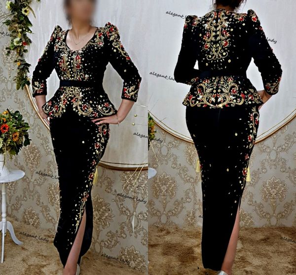 Tenues algériennes Robes de soirée Karakou avec Peplum Soirée de Mariage Broderie dorée Pierre rouge Robe de bal caftan à manches longues