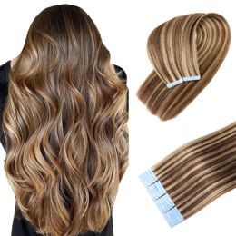 Ali Magic Color Dark Brown # 4 Highlights # 27 Strawberry Blonde Real Human Hair Extensions Tape in Silky Straight P4 27