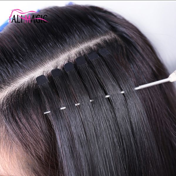 ALI MAGIC Mini Tape In Hair Extensions Cheveux Humains Remy Naturel Peau Douce Trame Adhésif Cheveux 12 '' - 28 '' Droit Sans Soudure Bande Ins 100G / 40pièce