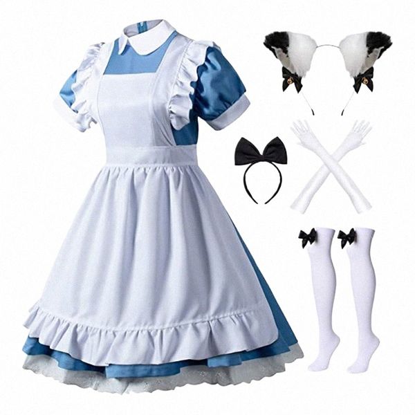 Alice In Wderland 6 pièces Set Lolita Maid Apr Masquerade Ball Cosplay Costume Gants Headdr Chaussettes Set i3Xw #