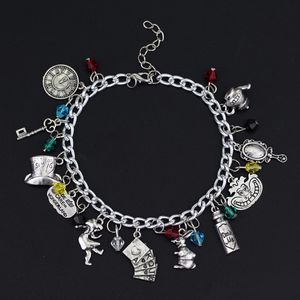 Alice in Wonderland Geïnspireerd Bedelarmband Gril Spiegel Klok Theepot Speelkaart Hoed Sleutel met geschenkdoos