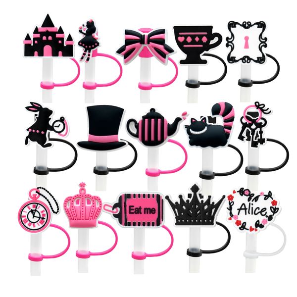 Alice au pays des merveilles paille topper boissons sportives silicone moule accessoires couverture charmes réutilisable anti-éclaboussures boire bouchon anti-poussière décoratif 8mm paille fête fournitures