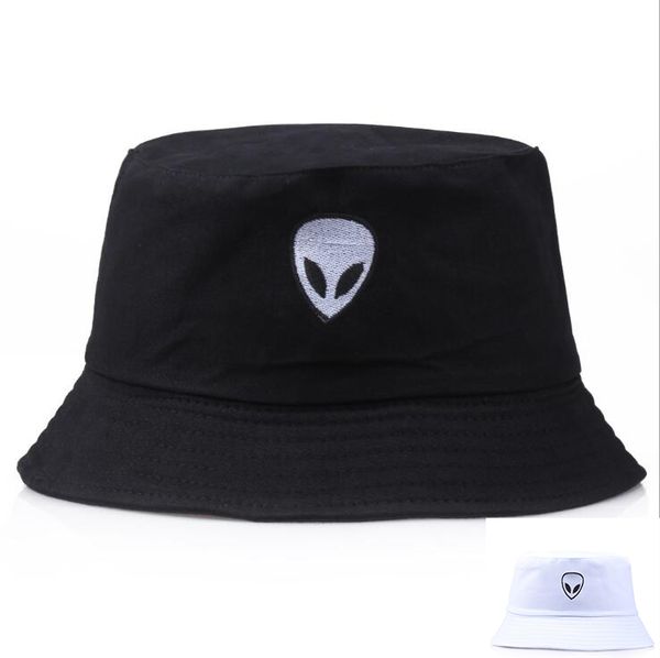 Aliens Embrodiery Bucket Hats Outstar Saucer Space Fans Tela de algodón blanco negro Moda Summer Beach Sunhat Sombrero de pesca Gorra para hombres Mujeres