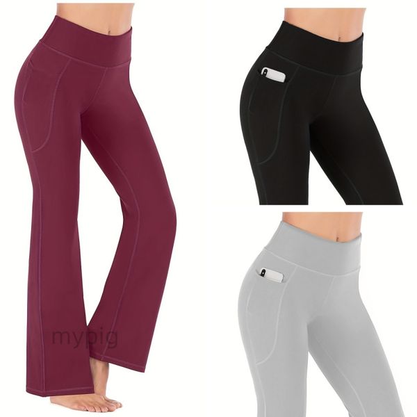 Aligner leggings évasé LEGGINGS LEGGINGS HEURS TAISE FEMANS PANTAL DE YOGA Gym Slim Fit Pockets Vêtements d'entraînement Running Gym Wear Wedy Outdoor Sports Pantaux