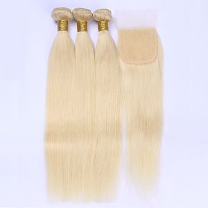 AliMagic 613 cheveux humains blonds cheveux raides brésiliens armure faisceaux avec fermeture blond, Remy cheveux offres 3 paquets et fermeture