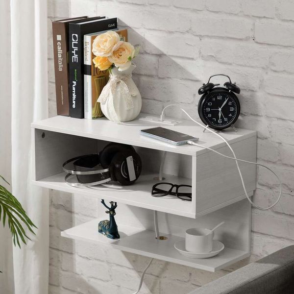 ALIMODEN Table flottante Port USB, étagère murale avec tiroir de rangement, table de chevet industrielle pour chambre à coucher, blanc