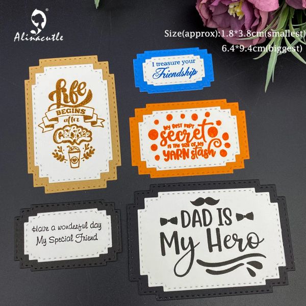 Alinacutle Metal Cutting Die Cut 6pcs Banner Etiqueta Marco de nidos de álbum de recortes Craft Cortter de plantilla hecha a mano Punch Art Cutter