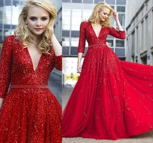 ALINE DEEP V NECK BROOP JURK 34 pailletten lange mouwen Beading Red Prom Dress Custom Made Celebrity Party Jurk Glamoureuze avond DR7555129