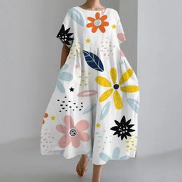 Aline robe Style bohémien imprimé fleuri Midi pour femmes ample col rond manches courtes doux surdimensionné plage voyage été 240321