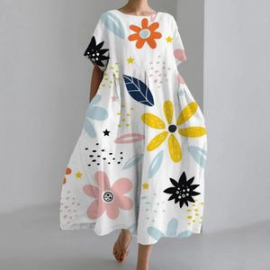 Aline Jurk Boheemse stijl Bloemenprint Midi voor Dames Losse ronde hals Korte mouw Zacht Oversized Strand Reizen Zomer 240320