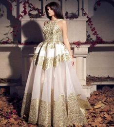 Aline Gold Ball Gown Prom Dresses Halter Long Organza Appliques Tarek Sinno Red Carpet Celebrity Evening Jurk Girl039S Formal5200775