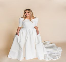 Aline Satijnen Bescheiden Trouwjurken Met 34 Mouwen 2020 Nieuwe Corset Terug Stretch Top LDS Temple Modest Bruidsjurken Met Mouwen Met 7026215