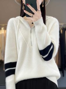 Aliselect mode 100% laine mérinos haut femmes tricoté pull à capuche manches longues automne hiver vêtements pull tricots