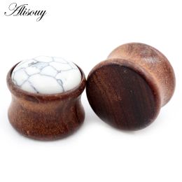 Alisouy 2 stks natuurlijke hout opaalsteen wijd uitlopende oorplugt tunnels vlees brancard guames oorbellen expander piercing body sieraden