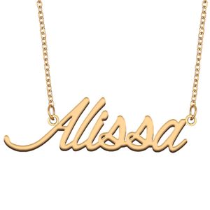 Collier avec pendentif avec nom Alissa pour femmes et filles, cadeau d'anniversaire, plaque signalétique personnalisée pour enfants, meilleurs amis, bijoux en acier inoxydable plaqué or 18 carats