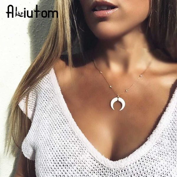 Aliutom bohème tour de cou acrylique corne de boeuf croissant de lune colliers bijoux vintage collier en cristal fait main pour les femmes