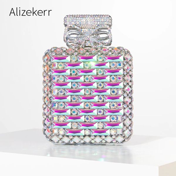 Alizekerr botella de perfume bolsos de noche de cristal mujeres de lujo magníficos bolsos y bolsos de diamantes de imitación de metal hechos a mano fiesta de boda 240130