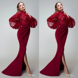 Aljasmi Yousef Mermaid Prom Dresses High Neck lange mouwen zijkant Split Arabische avondjurken vloerlengte formele jurk