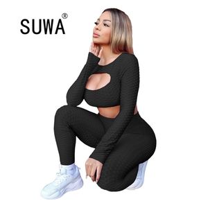 All Black Loungewear Vrouwen 2 Stuks Outfits Front Hollow Out Crop Top Tuniek Jogger Leggings Tracksuit Sexy Fitness Wear 210525