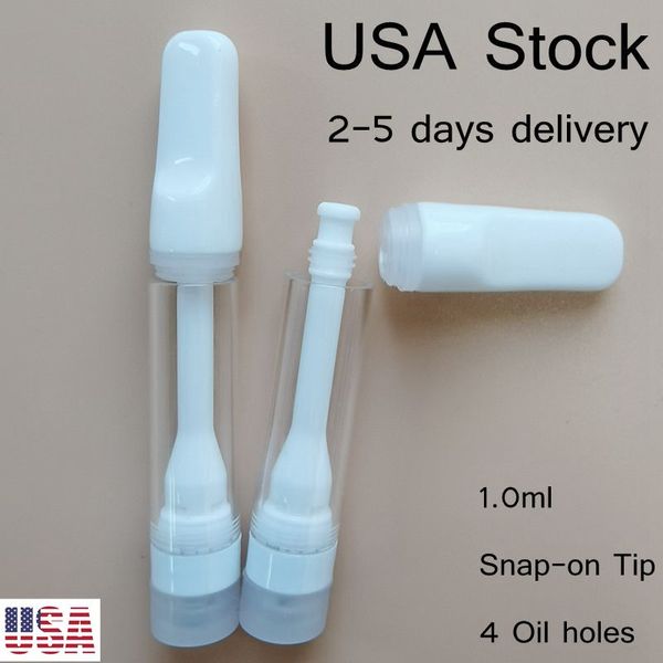 Cartouche entièrement en céramique USA Stock Cartouches entièrement en céramique de 1,0 ml Atomiseur à filetage 510 Mise à jour 4 trous d'huile épais Chariots Stylo vaproiseur vide OEM disponible