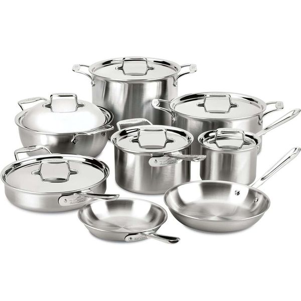 Ensemble d'établissements en acier inoxydable brossé en D5 tout vêtu D5 - Coiler à induction à 14 pièces SAFE SAFE 600F POTS AND PANS SILTS - Cuisine de qualité supérieure Essentials de cuisine