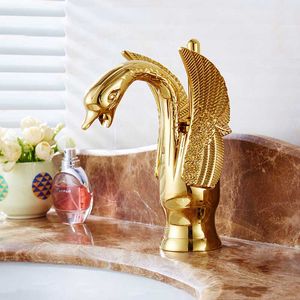 Grifo antiguo europeo totalmente de cobre, lavabo de cisne chapado en oro elevado, lavabo de plataforma, frío y caliente