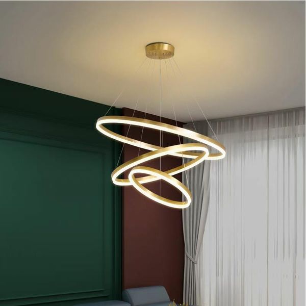 Toutes les lampes suspendues modernes en cuivre à LED salon salle à manger cuisine chambre lustre domestique anneau acrylique lampes suspendues