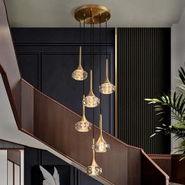 Toda la escalera de cobre lámpara de araña larga dúplex moderno villa villa loft apartamento escalera giratoria lámpara de cristal de lujo