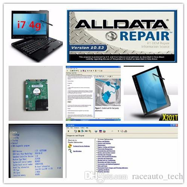 Todos los datos de herramientas de reparación de automóviles, manuales, software alldata 10,53 atsg, automóviles, camiones con x201t i7 4g instalado en la pantalla táctil de la computadora portátil