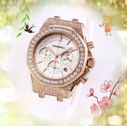 Tous les cadrans fonctionnent marque femmes montres trois yeux complet diamants fonctionnels anneau horloge bracelet en caoutchouc quartz brillant amant super brillant cristal miroir batterie montre cadeaux