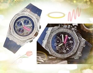 Alle wijzerplaten werken Heren Diamanten Ring Stopwatch Horloges Volledig functioneel roestvrijstalen rubberen riem kwarts Chronograaf Batterij Power Boutique Party polshorloge
