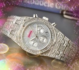 Tous les cadrans fonctionnent trois yeux cadran automatique date hommes montres multifonctions entièrement en acier inoxydable bande mouvement à quartz fermoir original boutique diamants bague montre