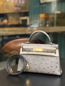 Alle handgemaakte designer schoudertas van het merk met geïmporteerd struisvogelleer Franse bijenwaslijn 24K vergulde hardware mini crossbody tas