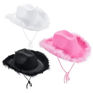 All-Match Fluffy Feather Brim Cowboy Hat Roze Cowgirl Hat voor Mardi Gras Rave