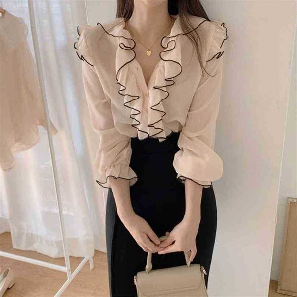 All Match Office Lady V-Col V-Col Couleur-Hit Volants Chemises de base Sweet Haute Qualité Automne Vintage Blouses 210525