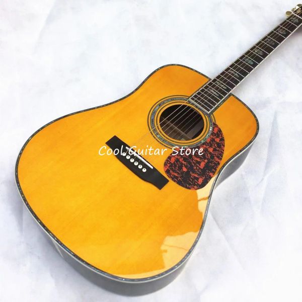 Guitarra acústica estilo D de abulón Real, abeto macizo, parte superior amarilla, 6 cuerdas, parte trasera y laterales negros, guitarra personalizada, envío gratis