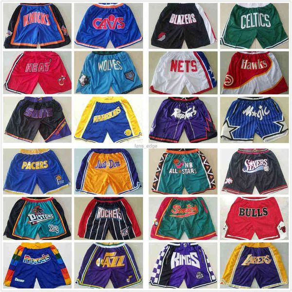 Toutes les équipes Just Don Basketball Shorts Retro Hip Pop Pantalon court cousu avec poche Zipper Sweatpant Noir Blanc Bleu Rouge Vert Violet Jaune mode