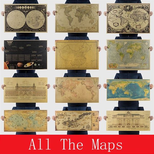 Toda la colección de mapas Vintage Retro papel tierra Luna Marte cartel tabla de pared decoración del hogar pegatina de pared 211l